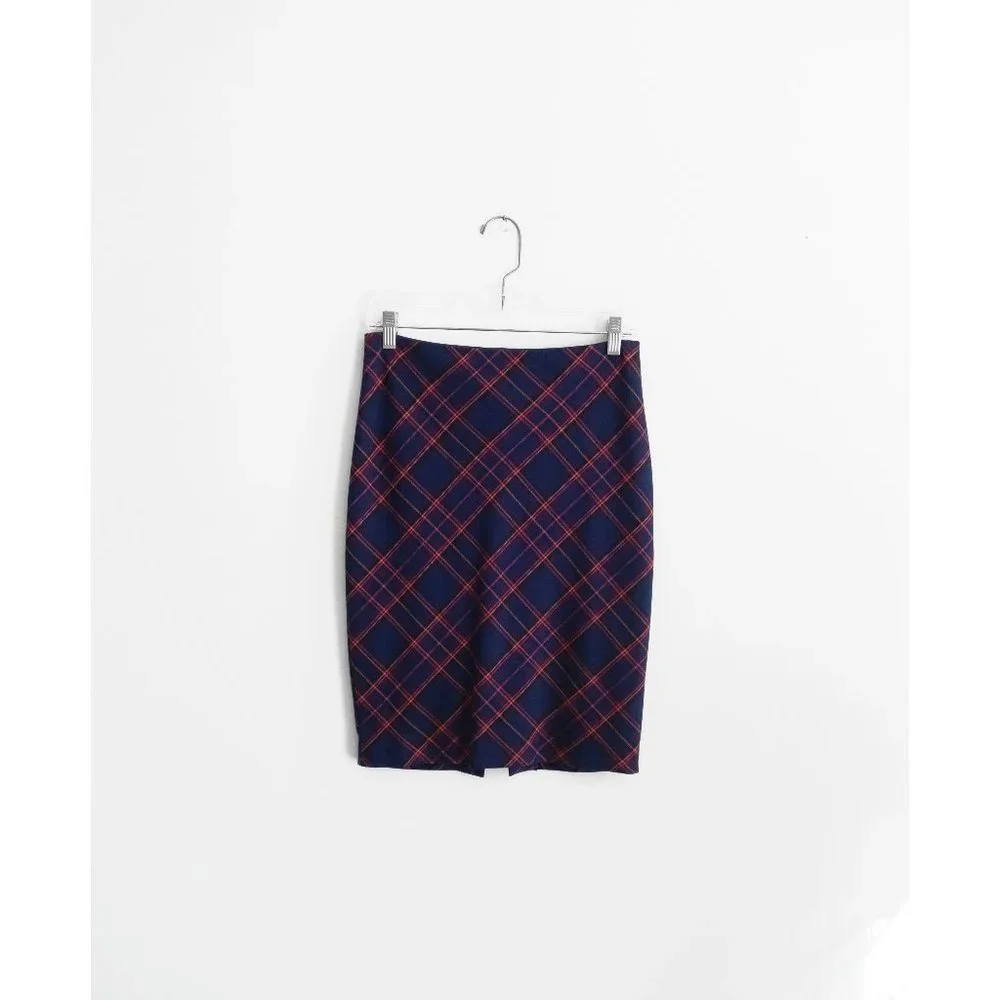 Trina Turk Blue Magenta Plaid Stretch Pencil Skirt size 0 - Picture 4 of 6